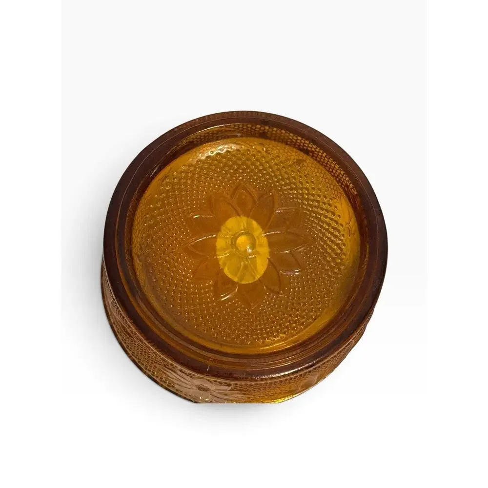 Tiara Amber Trinket Puff Dish With Lid Sandwich Glass Vintage Vanity Jewelry Jar